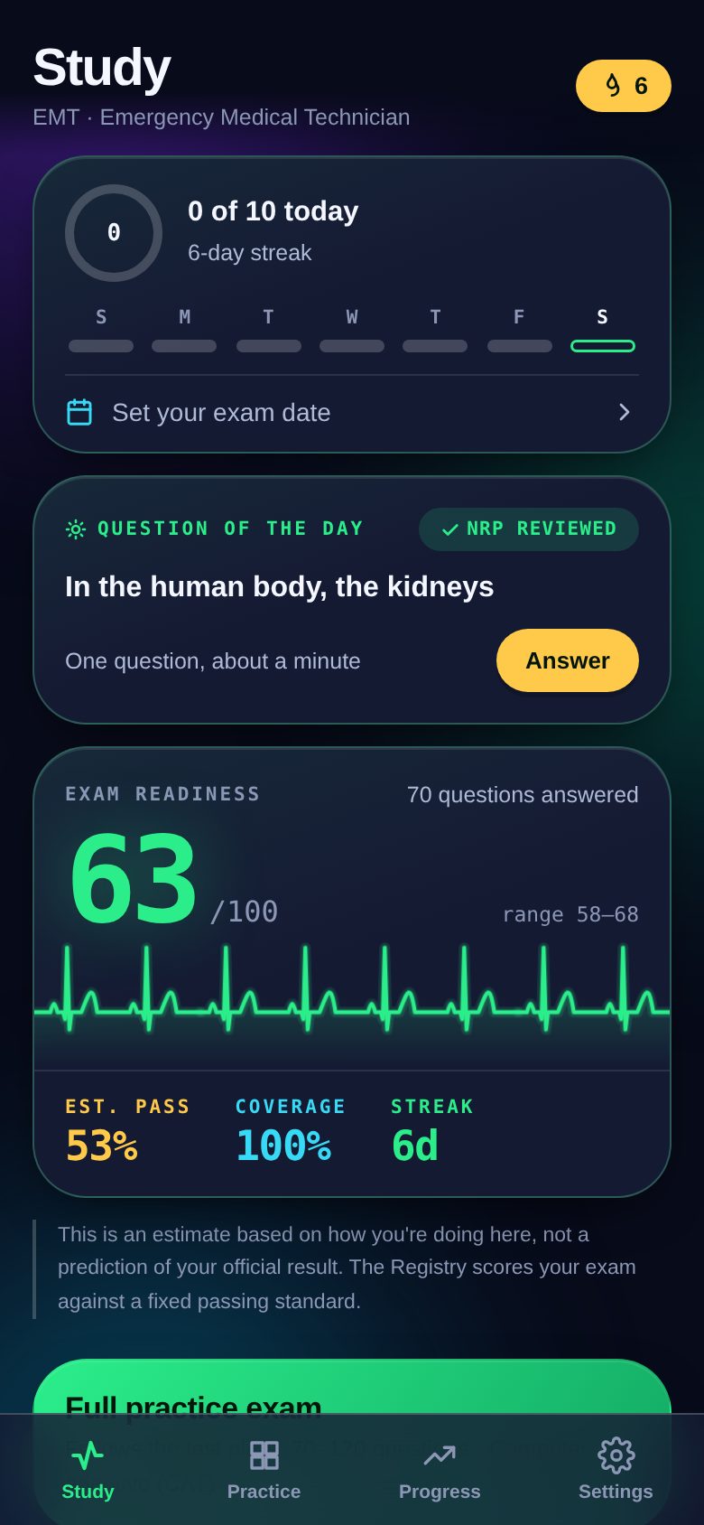 The Study screen: exam readiness, a full practice exam and quick quizzes